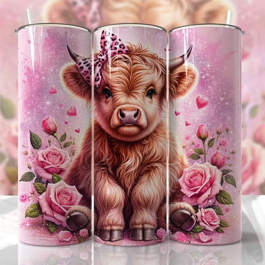 Pink Valentine Highland Cow Skinny Tumbler