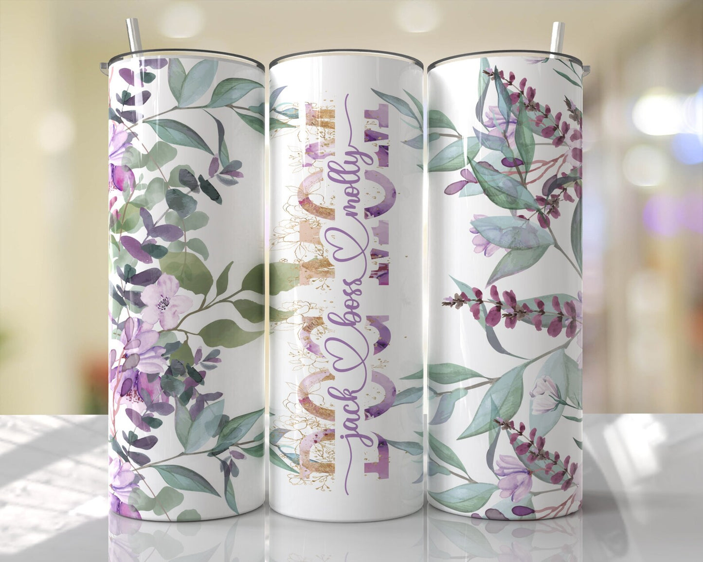 Purple Floral Personalized Mom | Mimi | Meme | Dog Mom | Skinny Tumbler