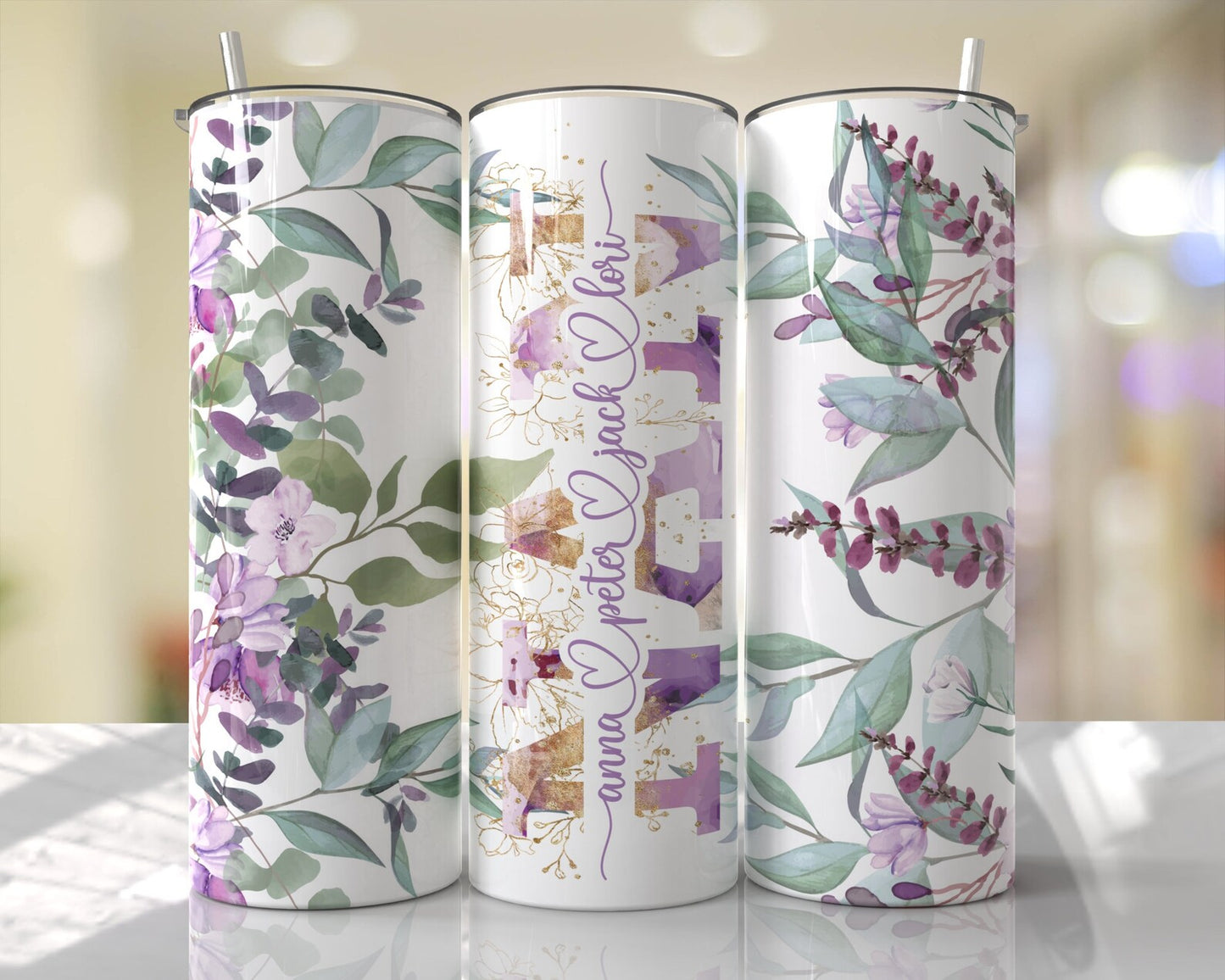 Purple Floral Personalized Mom | Mimi | Meme | Dog Mom | Skinny Tumbler