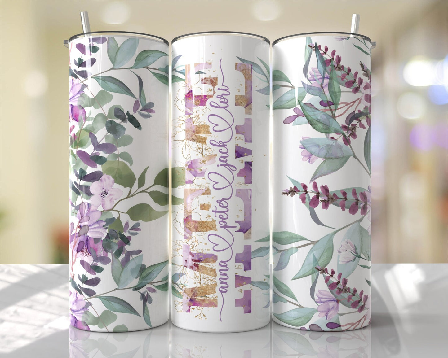 Purple Floral Personalized Mom | Mimi | Meme | Dog Mom | Skinny Tumbler