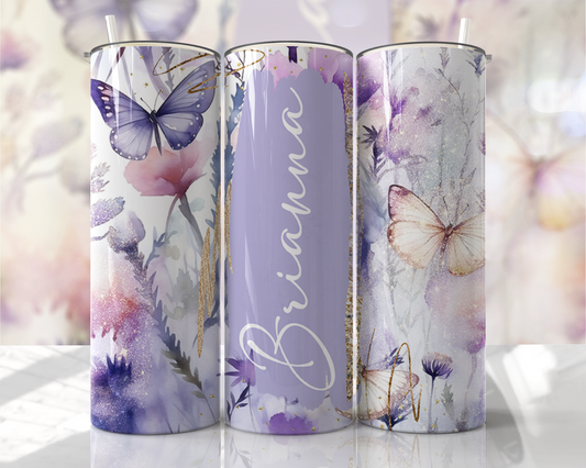 Purple Butterflies Personalized Name Skinny Tumbler