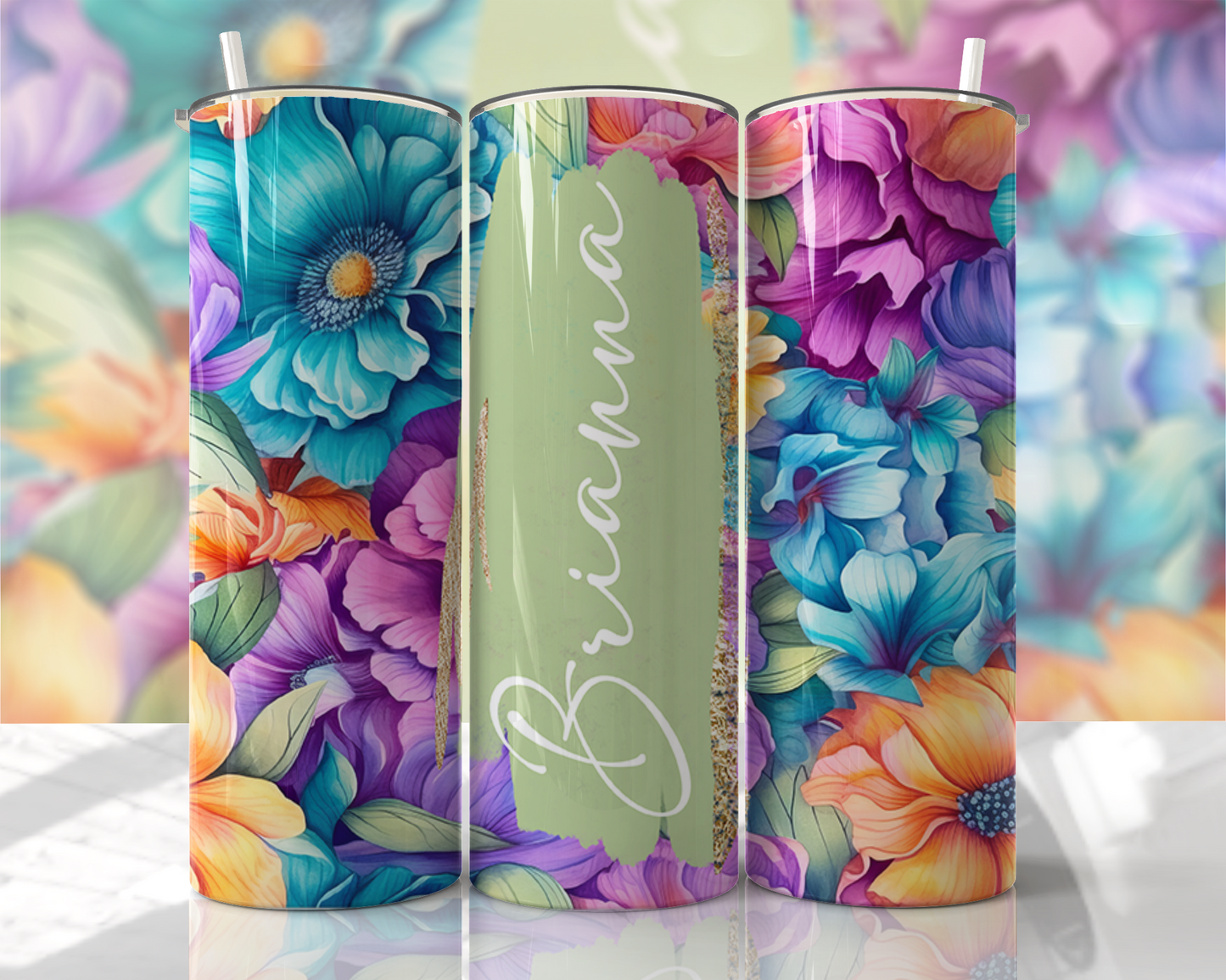 Blue & Purple Floral Personalized Name Skinny Tumbler