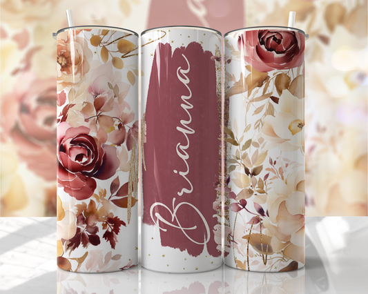 Cream & Rose Floral Personalized Name Skinny Tumbler