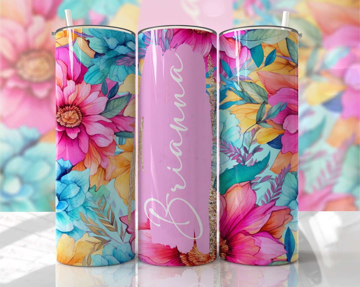 Bright Floral Personalized Name Skinny Tumbler