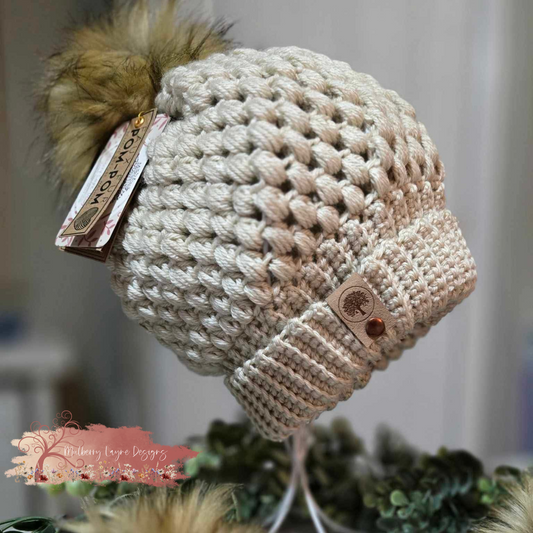 Pebble Puff Stitch Crochet Hat With Faux Fur Pom